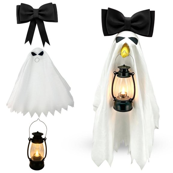 Halloween Porch Goose Costume Set, Ghost Cover with 3D Bow & LED Lantern, Outdoor Halloween Decoration Kit for Yard, Lawn, Porch, Garden & Fall Decor