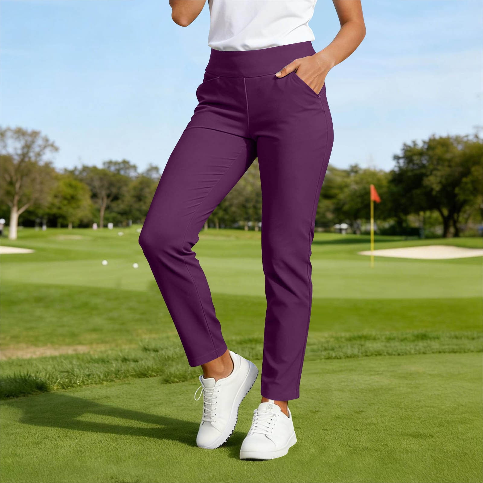 Women's Straight Leg Golf Pants, Versatile Solid Stretchy High Waisted Business Casual Trousers with Pockets