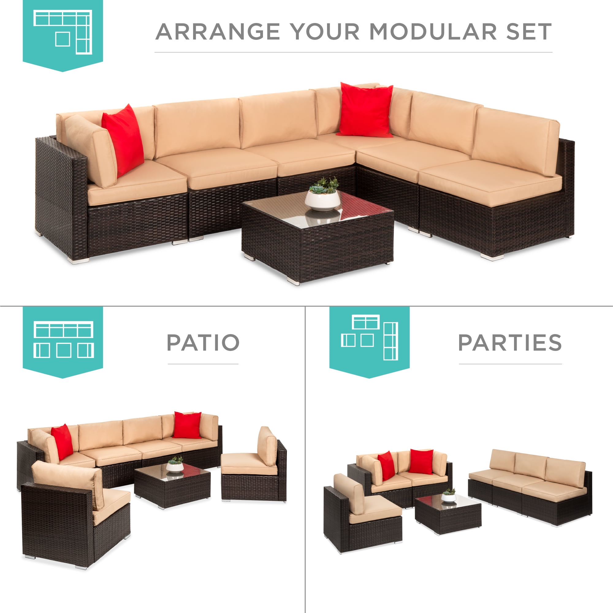 Best Choice Products 7-Piece Outdoor Modular Patio Conversation Furniture, Wicker Sectional Set - Brown/Tan