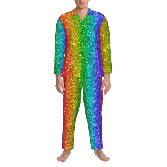 Mens Pajamas Set - Glitter Rainbow Printa Comfy Long Sleeve Button Up Pajama Sets for Men 2 Piece, Soft Sleepwear Nightwear Pjs Lounge Sets for Men with Pockets