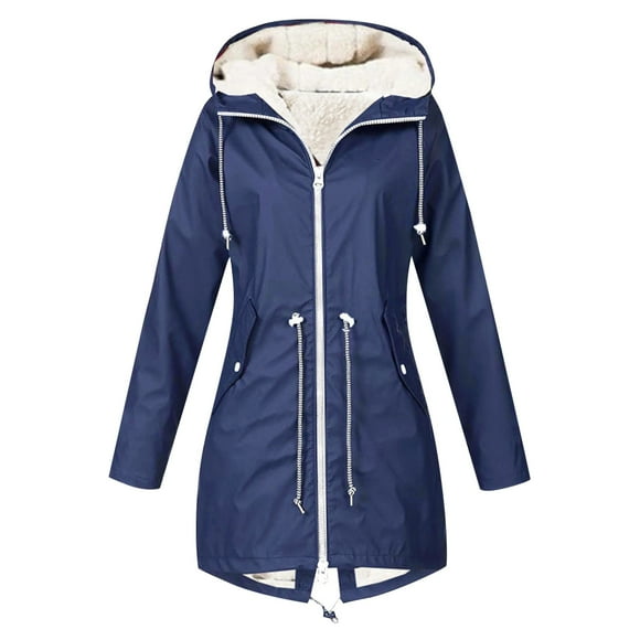 PMVFHDE Raincoat Women's Lined Winter Coat Mid Length Solid Color Hooded Jacket Navy,XL