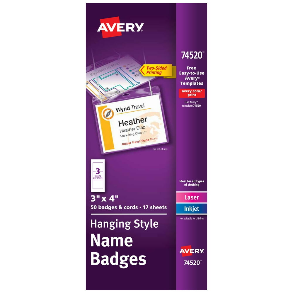 Avery Name Badges with Lanyards, Print or Write, 3" x 4", Badge Holders