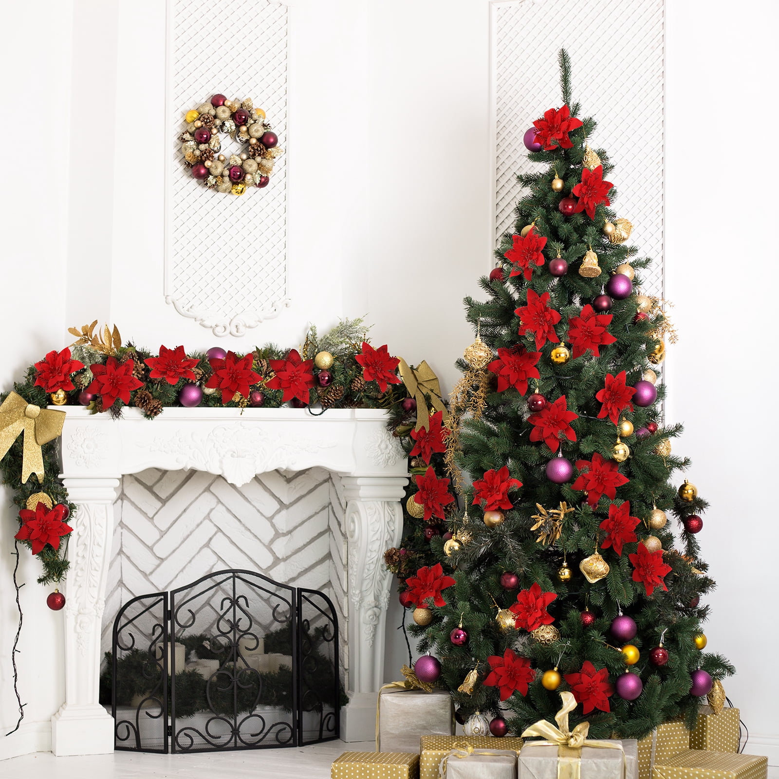 12 Pack 5.5" Artificial Poinsettia Christmas Tree Ornaments Decorations, Red