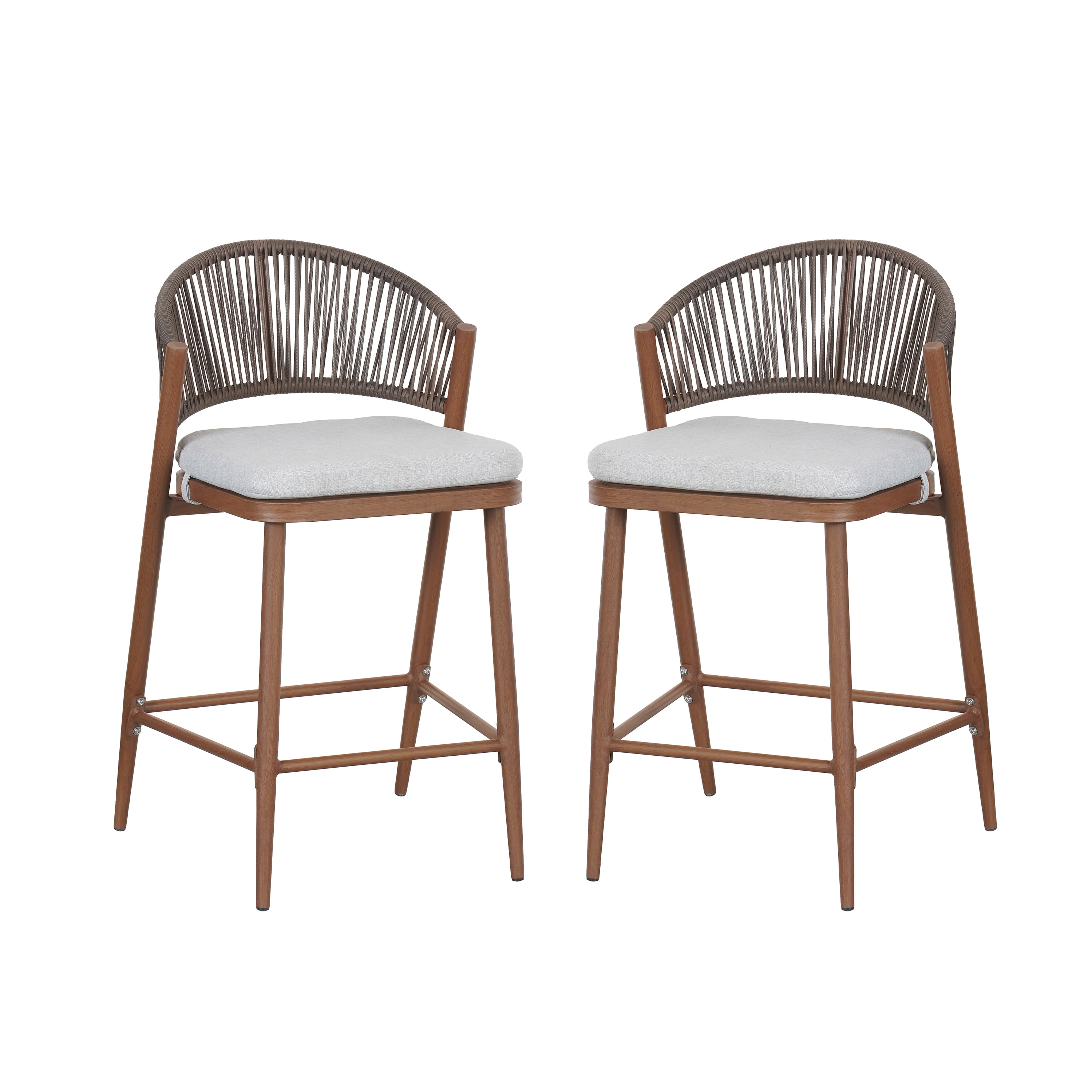 Counter Stools Set of 2, Outdoor 26 Inch Seat Height Aluminum Frame Stools with PE Rattan Scallop-Shaped Backrest, Teak Finish