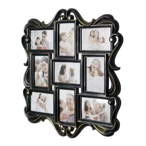 Distressed 22" x 21" Black & Gold Baroque Vintage Style Wall Hanging Decorative Photo Collage Picture Frame