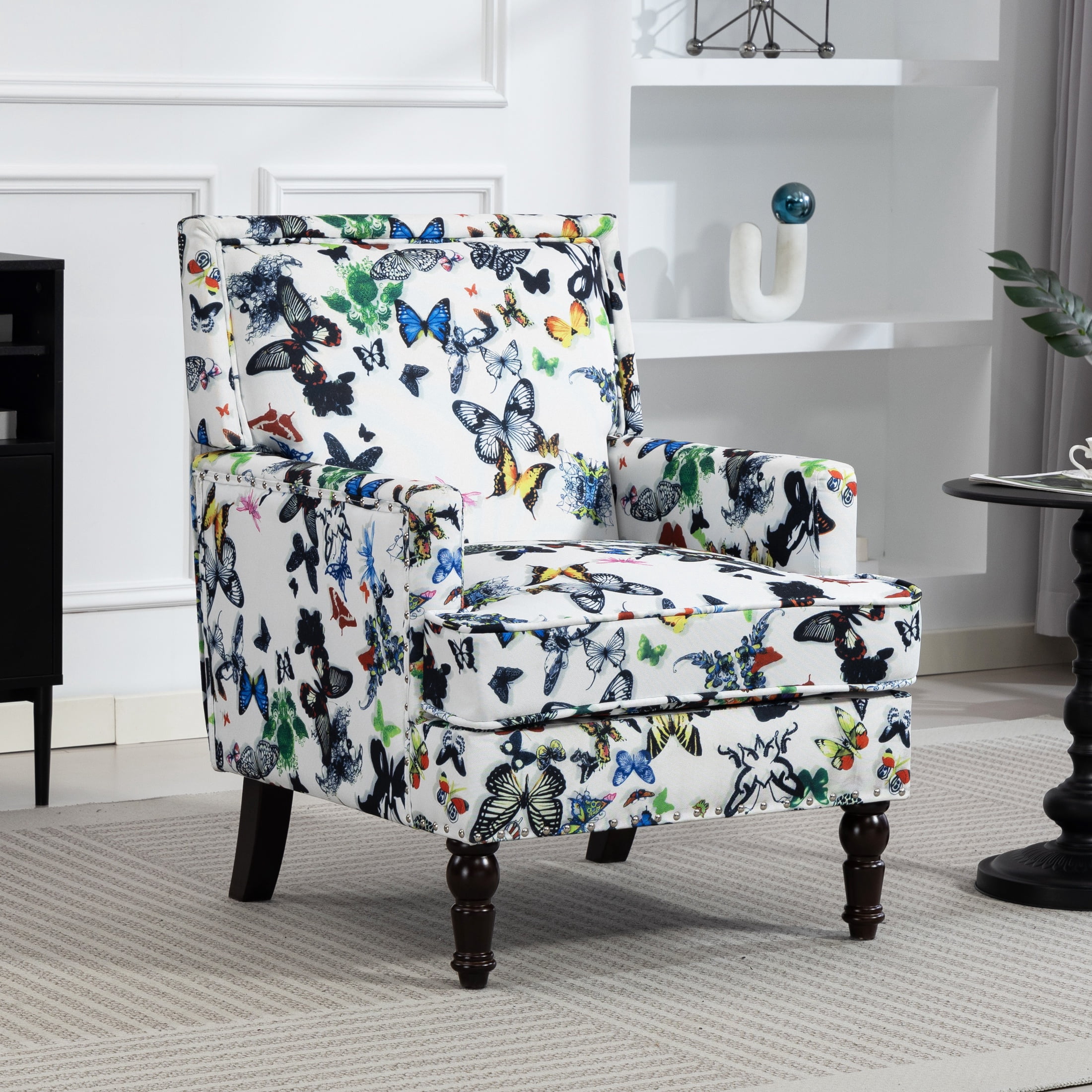 PORKISS Modern Accent Chair, Upholstered Arm Chair Linen Fabric Reading Chair with Solid Wood Legs, Single Sofa for Living Room Bedroom Sunroom, Butterfly Pattern