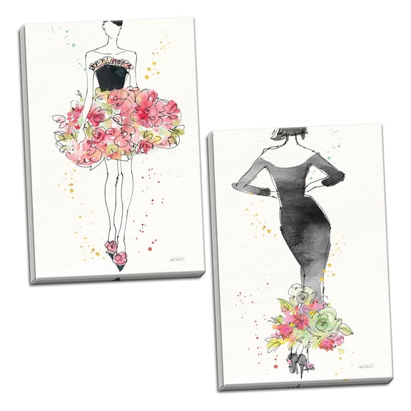 Gango Home Decor Shabby-Chic Floral Fashion I & II v2 ; Two 12x18in Hand-Stretched Canvases