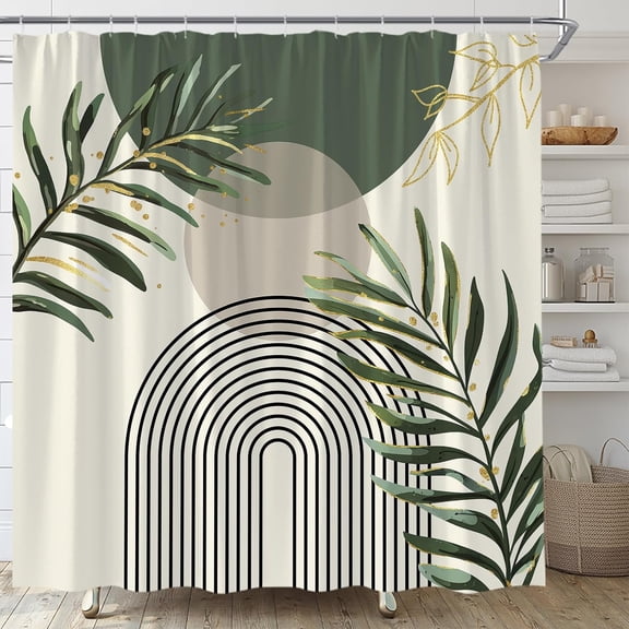Mid Century Shower Curtain Sage Green Leaves Boho Modern Abstract Geometric Arch Vintage Minimalist Aesthetic Fabric Bathroom Curtain Set with Hooks