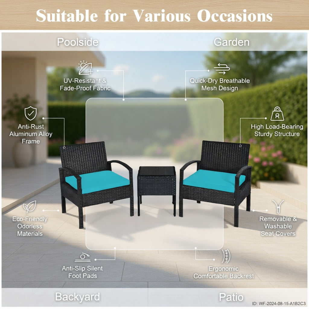 Hommoo 3-Piece Outdoor Rattan Patio Conversation Set, Wicker Chairs & Cushions with Tempered Glass Coffee Table, Turquoise