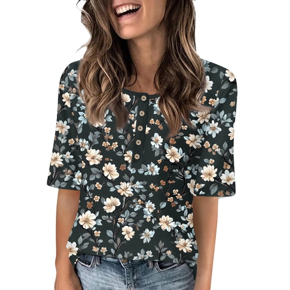 Women’s Casual Floral Print Five Sleeve Round Neck Button Half Sleeve Top Loose Fit Lightweight Blouse for Daily Wear Black L