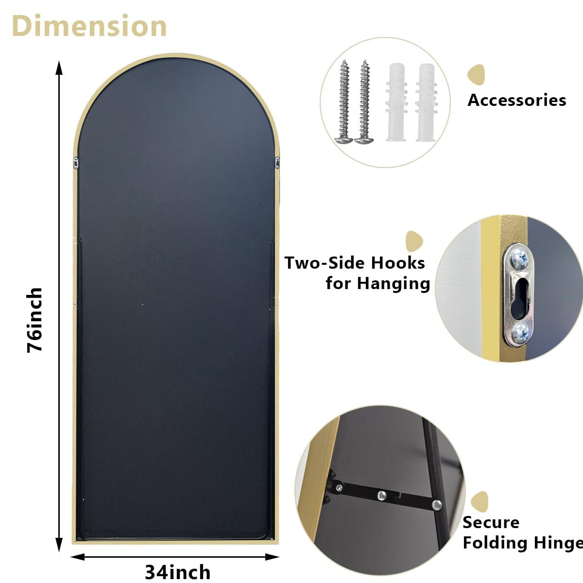 SHATTERVUE 76"x34" Arched Large Full Length Mirror Floor Mirrors Wall Mounted,Gold
