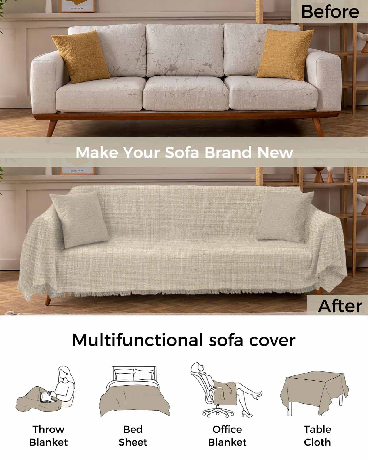Vintage Cream Couch Cover for Dogs, Farmhouse Retro Beige Solid Color Washable Sofa Covers Slipcover for Pets Dogs Futon Cover, Couch Recliner Covers, Oversized Chair Slipcover 71"x91"