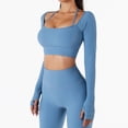 thumbnail image 2 of SWSMCLT Women's Long Sleeve Crop Top Quick Dry Halter Strappy Padded Gym Tshirt with Built-in Bra Yoga Shirt Ribbed Workout Cropped Top Blue 8, 2 of 3