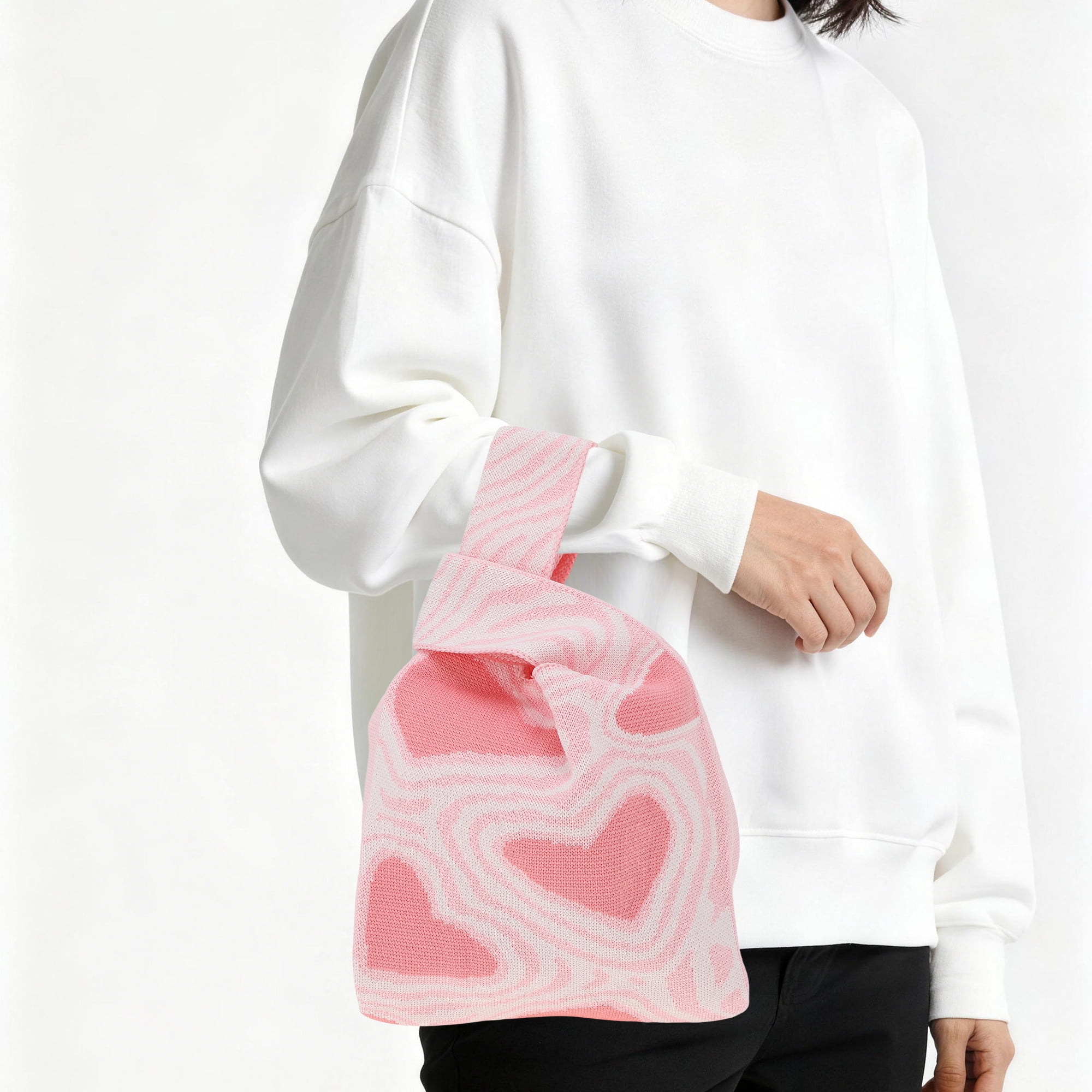 Unique Bargains Heart Knitted Wrist Bag Light Pink 1 Pc