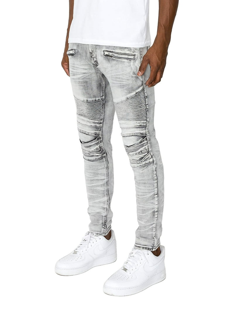 Victorious Men's Artisanal Crease Moto Biker Jeans - Grey Victorious Men's Artisanal Crease Moto Biker Jeans - Grey