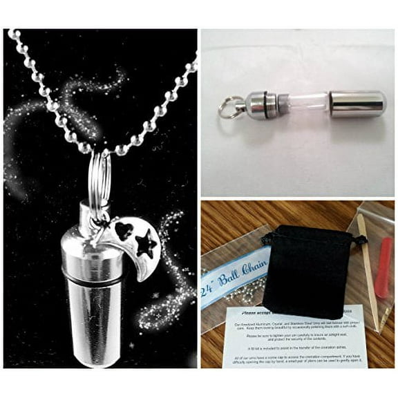 Complete Silver CUTOUT MOON CREMATION URN SET with Engraved Heart - Includes Velvet Pouch, Ball-Chain, Fill-Kit, Instructions