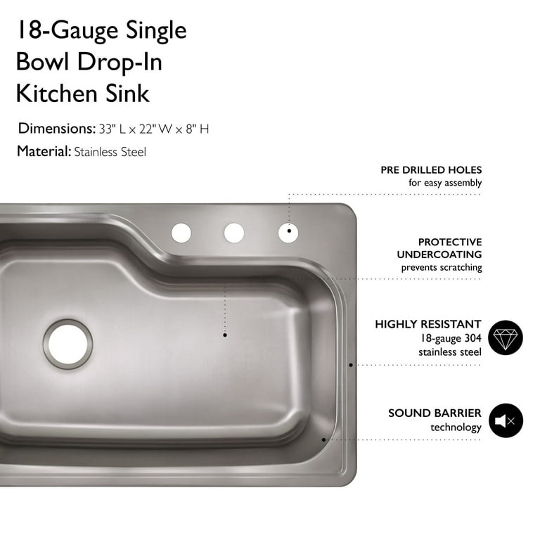 Design House 110593 Single Bowl 3-Hole 33x22x8 in. 18 Gauge Kitchen Sink, Stainless Steel Design House 110593 Single Bowl 3-Hole 33x22x8 in. 18 Gauge Kitchen Sink, Stainless Steel