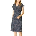 thumbnail image 4 of DARING DIVA V Neck Ruffle Trim Cuff Self Belt Printed Midi Wrap Dress M Blue, 4 of 7