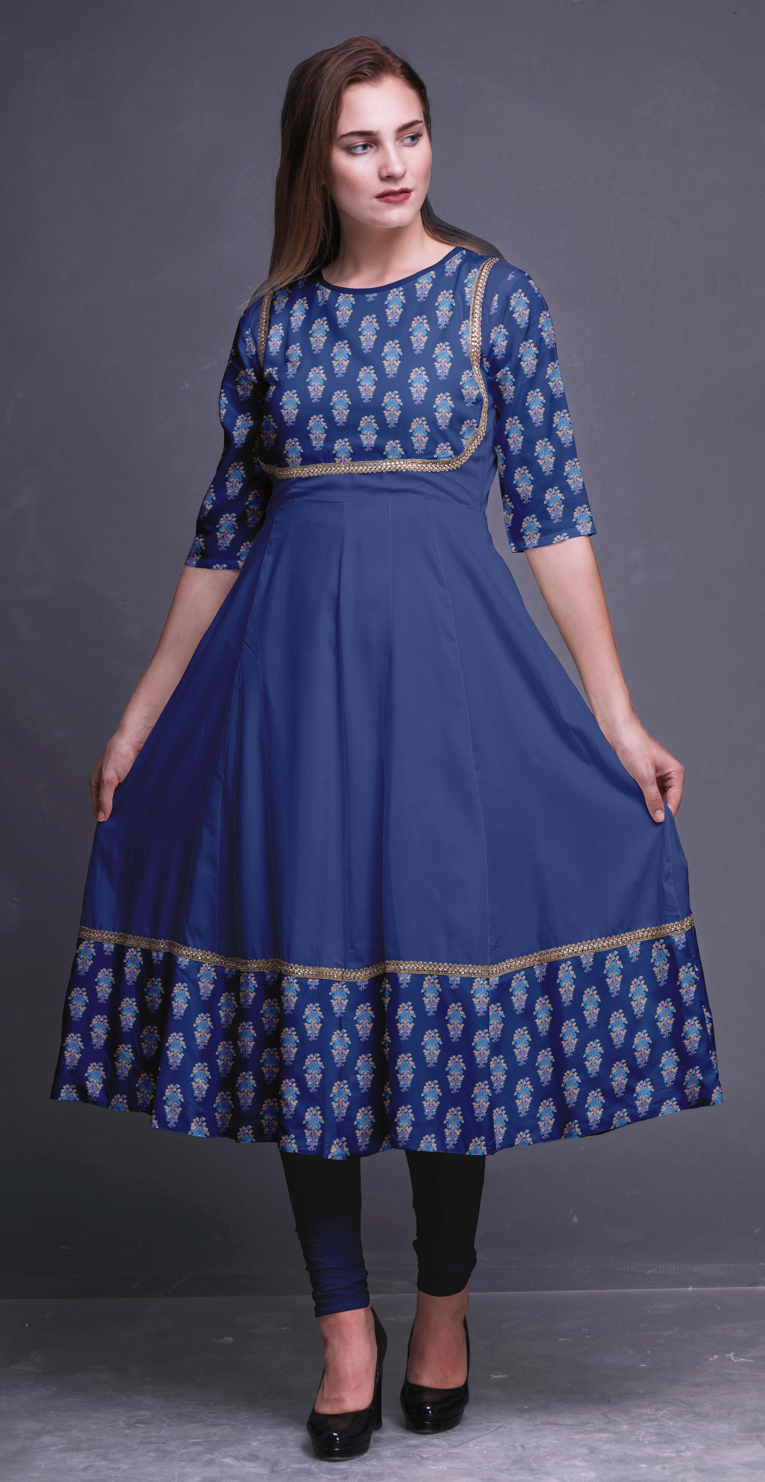 Bimba Royal Blue Block Floral Anarkali Dress Long Indian Ethnic Wear For  Women Maxi Kurta Ethnic Kurti Small - Walmart.com