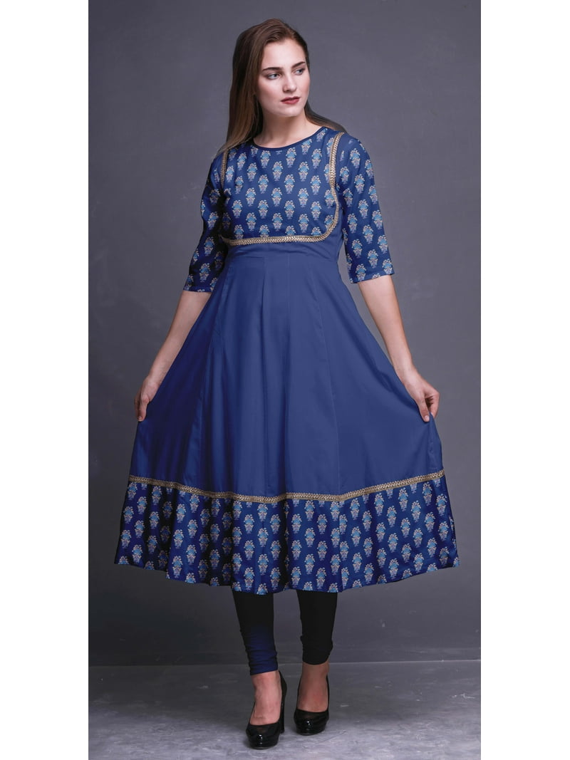 blue ethnic dress for women Women Indian Navy Blue Abstract Printed A-Line Ethnic Dresses L / Navy