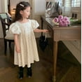 thumbnail image 7 of Girls Puff Sleeve Dress Square Neck Bowknot Tie Back Cute Summer Midi Dresses with Polka Dots Print (2 Years, White), 7 of 7