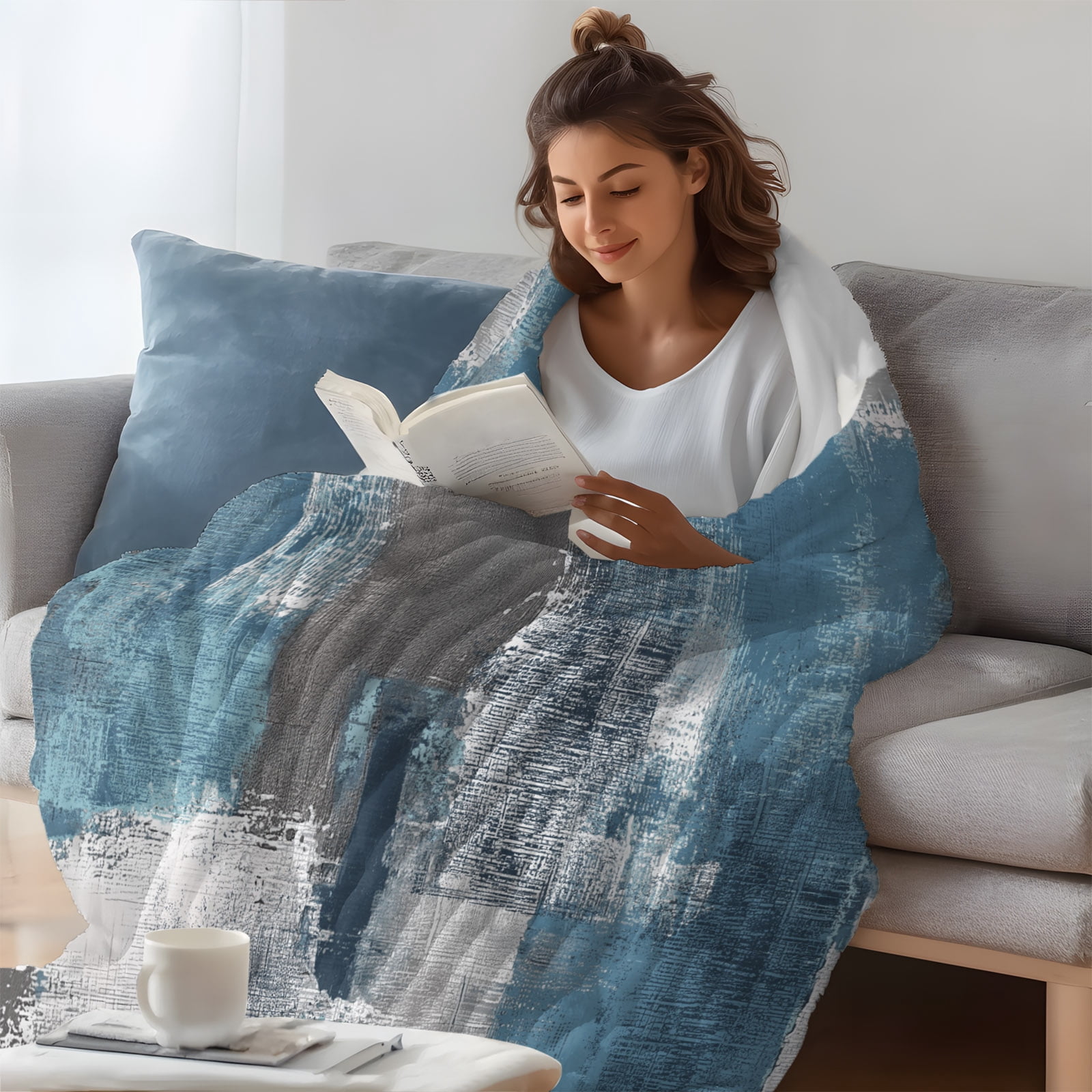 Abstract Oil Painting Throw Blanket for Couch Square Blue Smear Soft and Warm Flannel 3D Striped Fluffy Fuzzy Fleece Blanket Lightweight Throw for Bed, Sofa 50 x 60 Inches