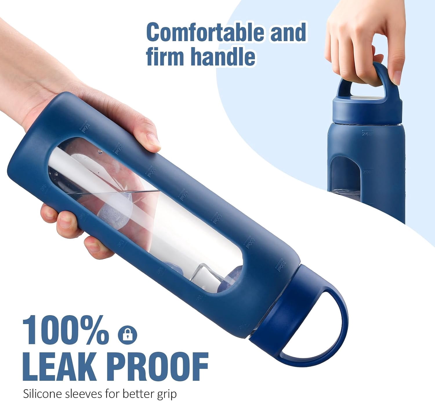 MUKOKO Glass Water Bottle, 32oz Sports Drinking Tumbler with Silicone Sleeve and Straw, 1 Cup 2 Lids, Blue