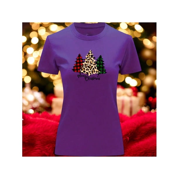 Playera Blusa Con estampado de Pinos De Navidad Merry Christmas Color Morado Talla Chica Marca Emil SaEs