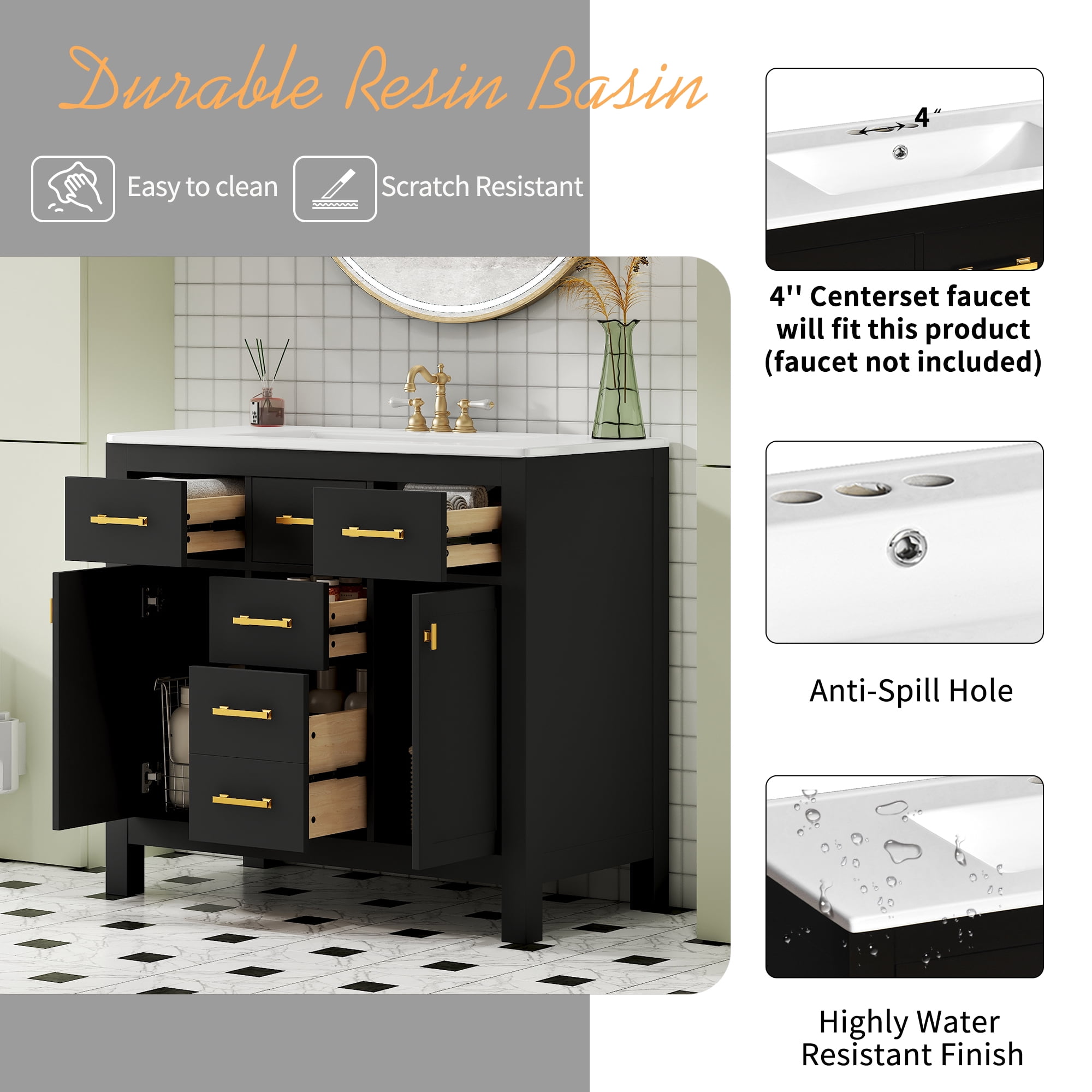 Euroco 36-Inch Solid Wood Bathroom Vanity with Ceramic Sink and Storage Cabinets
