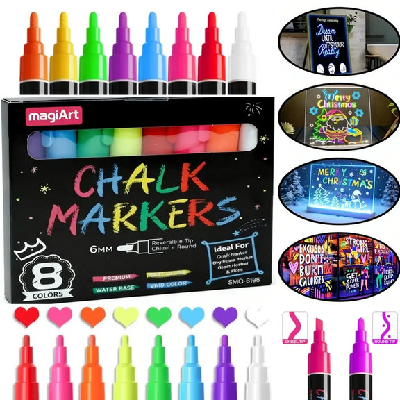 Liquid Chalk Markers for Blackboards - Bold Color Dry Erase Markers Pens - Chalkboard Markers Whiteboard Markers Window Markers for Glass Washable,Chalkboards,Signs,6mm Reversible Tip,8 Pack