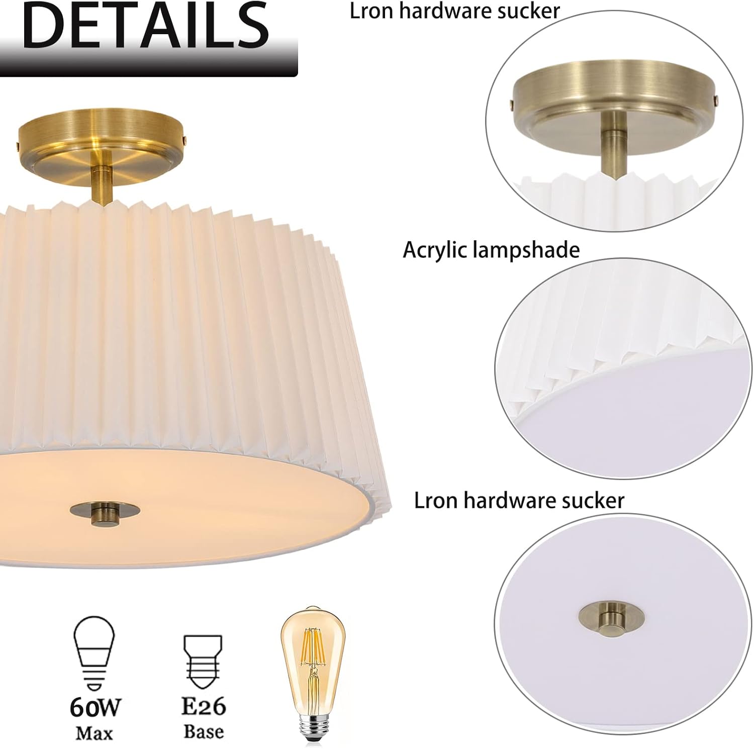 Miumaeov Semi Flush Mount Ceiling Light Fixture Gold Modern Close to Ceiling Lamp with White Fabric Shade  Farmhouse Brass Ceiling Light
