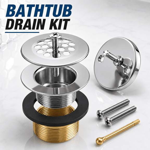 TAVENE Bath Tub Drain Kit Trip Lever, Bathtub Drain Set No Putty Installation with Trip Lever Overflow Faceplate and Strainer, Universal for 1-1/2" and 1-3/8" Bathtub Drain Replacement, Tub Trim Kit