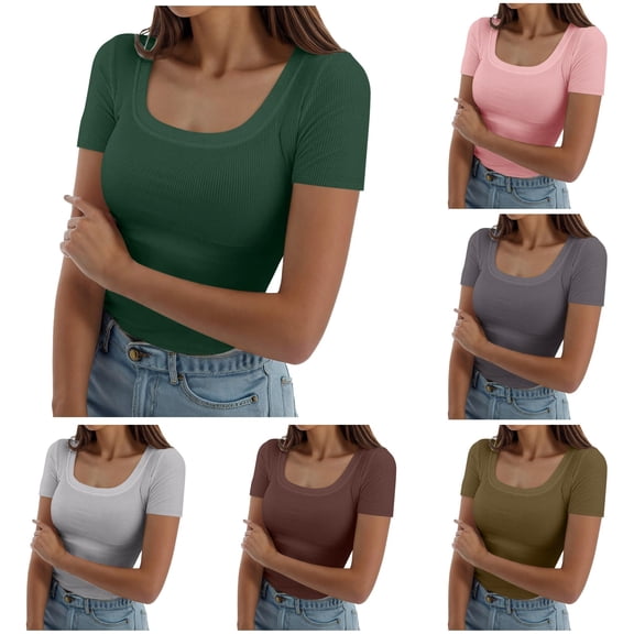 Tanghaowl Womens T Shirts, Womens Summer Short Sleeve Square Neck Ribbed Slim Fitted Casual Tshirt Tops Tee Dark Green XXXL