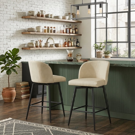 Roundhill Furniture Rhythm Modern Upholstered Counter Height Stool, 360° Swivel, Set of 2, Beige