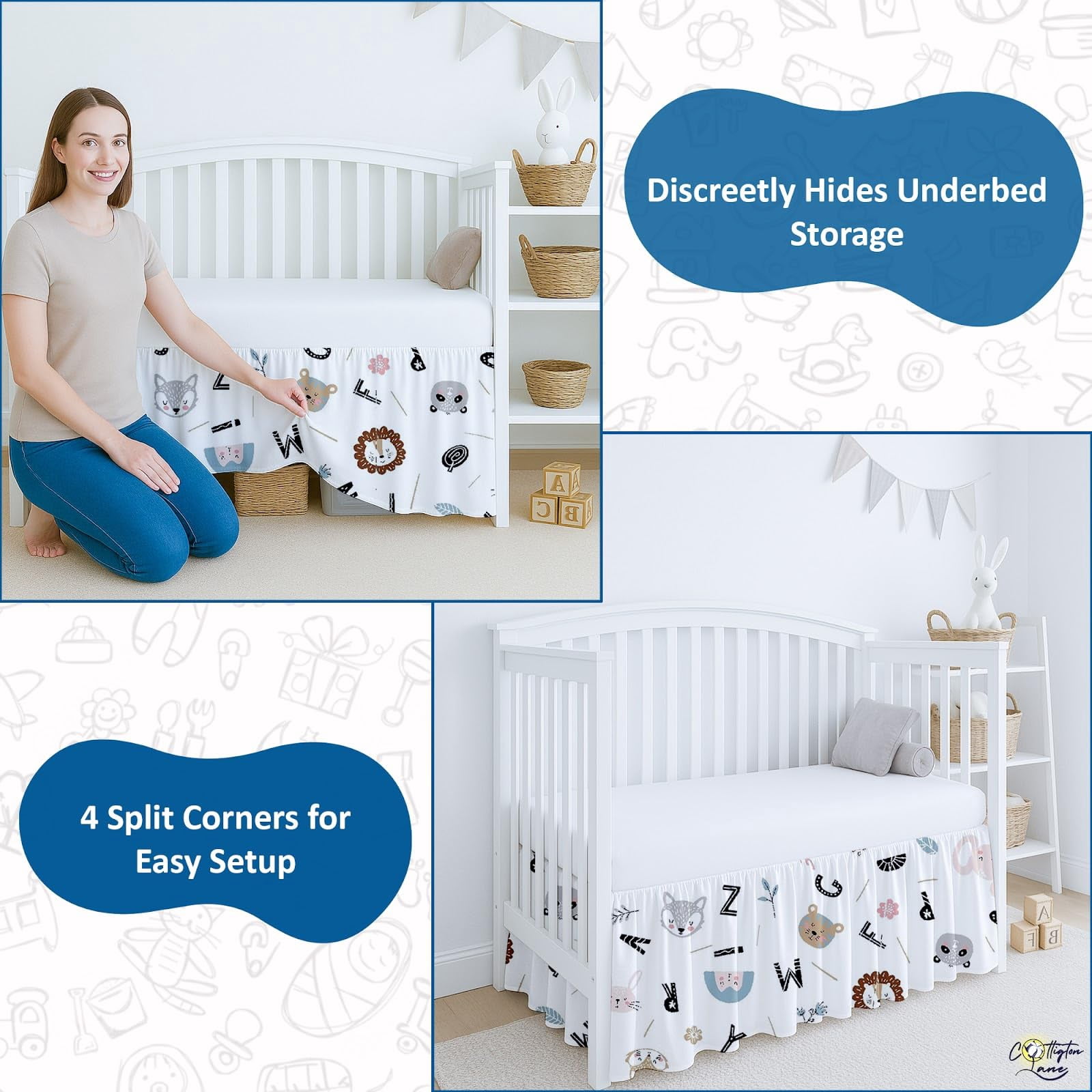 Skirt Dust Ruffle  Soft & Durable Bedding For Or Fits Standard 28" X 52"+14" Drop Classic Ruffled Design Alphabet Adventure