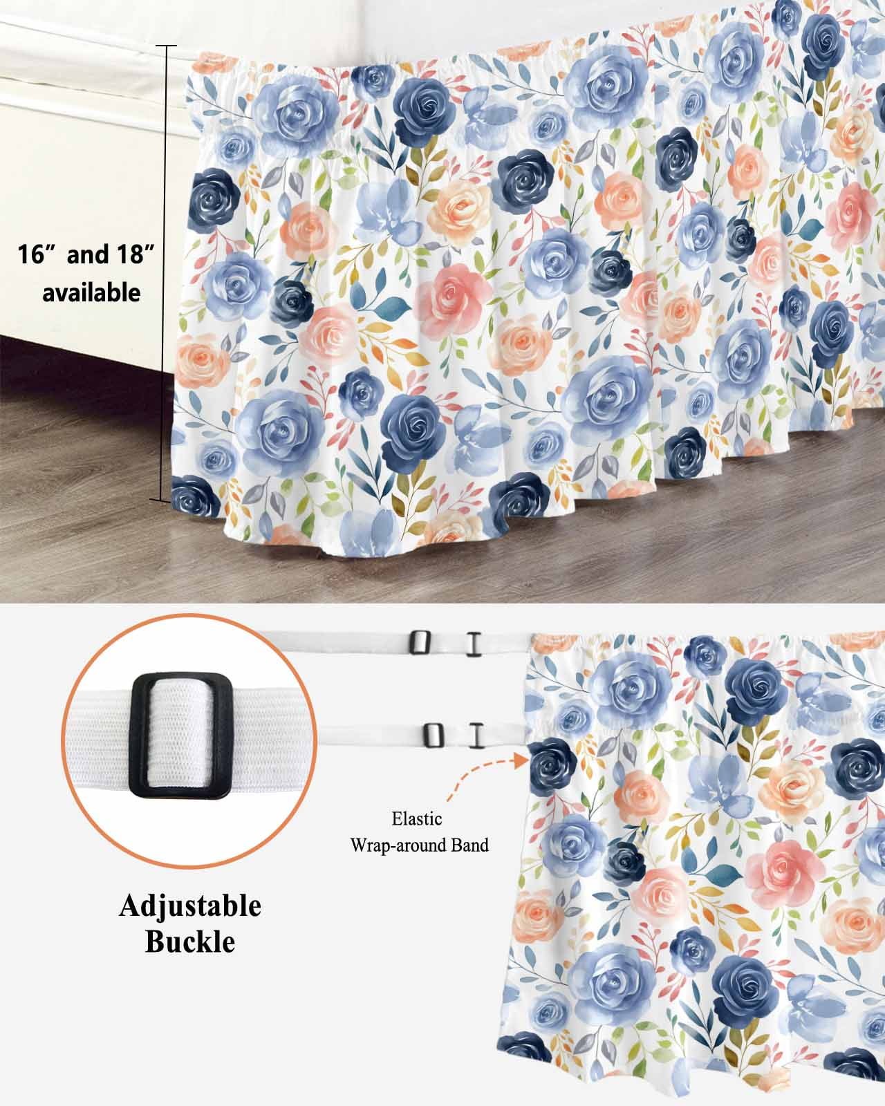 Color Flowers Bed Skirt King Size 18 Inch Drop, Pink Blue Flowers Green Leaf Decoration Adjustable Elastic Dust Ruffles Bedskirt for King Bed Wrap Around Pleated Mattress Frame Cover
