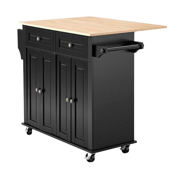 Kitchen Island Cart, with 2 drawers, storage cabinet, drop leaf, swivel wheels, black