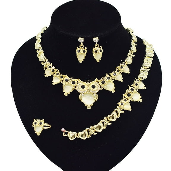 Women's Hugs & Kisses XOXO 18k Real Gold Plated Layered 4 Pieces Necklace Set Shiny Owl Pedant Necklace Includes Necklace Bracelet Ring Earrings