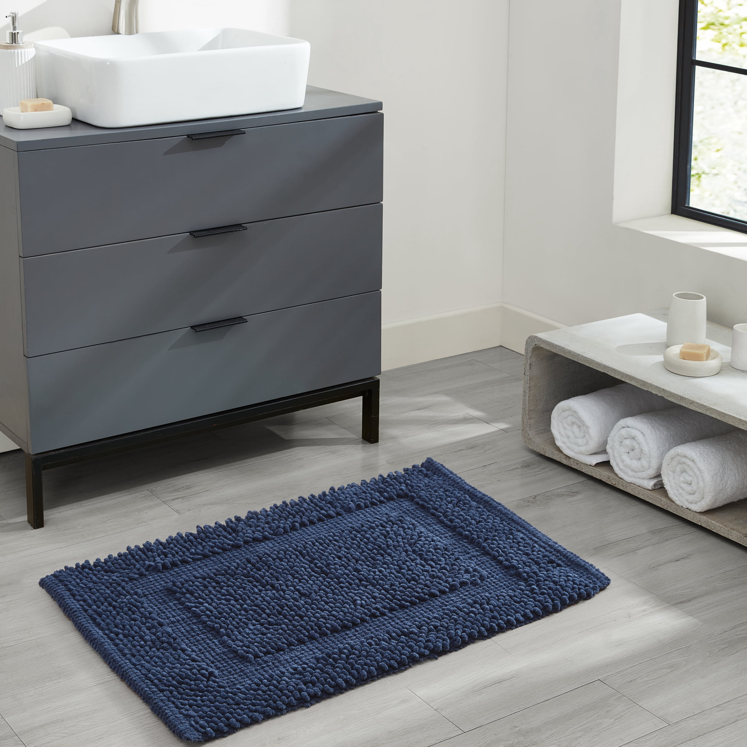Jean Pierre New York Sophie Border 100% Cotton Bath Mat - Non-Slip Bath Rug - Midnight Navy - 20" x 32"