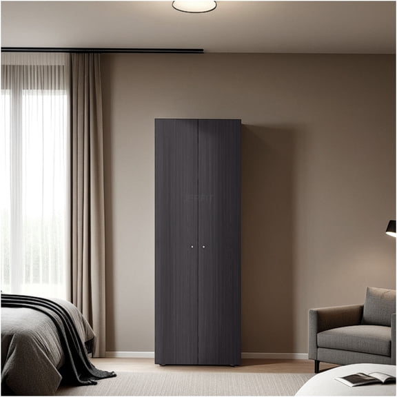 JERFIT Modern 2-Door Tall Wardrobe Cabinet with Hanging Rod, 4 Shelves Storage Organizer for Bedroom, Wenge Finish