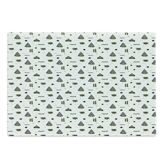 Tribal Cutting Board, Abstract Angled Curved Stripes with Dots Triangles Doodle Style Composition, Decorative Tempered Glass Cutting and Serving Board, Large Size, Yellow Black White, by Ambesonne