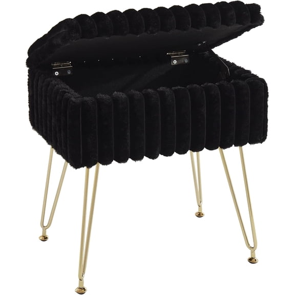 Vanity Stool Chair with Storage, Faux Fur Stools for Vanity Makeup, Foot Stool Ottoman with 4 Metal Legs, Small Vanity Bench Seat Chairs for Living Room Bedroom