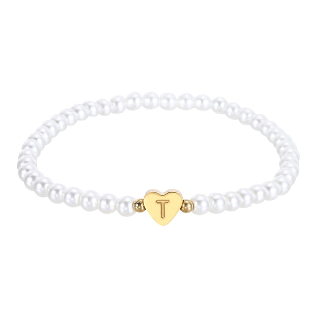 Pulsera Inicial de Perlas Uxcell para Mujeres, Pulseras de Letra de Perlas Dainty con Charm de Corazón Dorado para Regalos de Cumpleaños de Boda, T