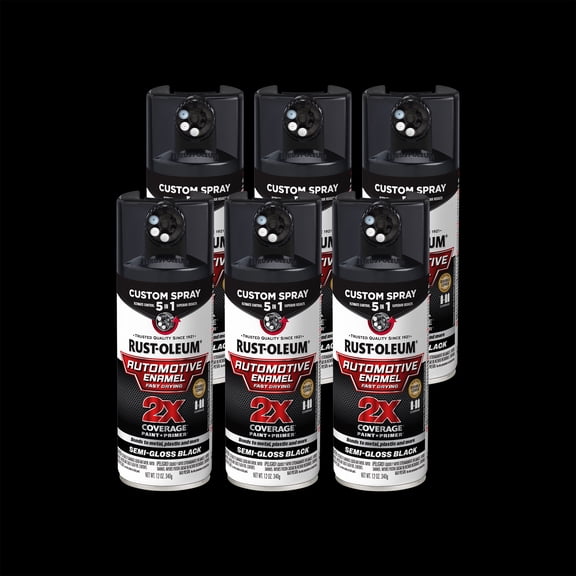6 Pack, Semi-Gloss Black, Rust-Oleum 2X Automotive Enamel 5 in 1 Spray Paint-394897, 12 oz