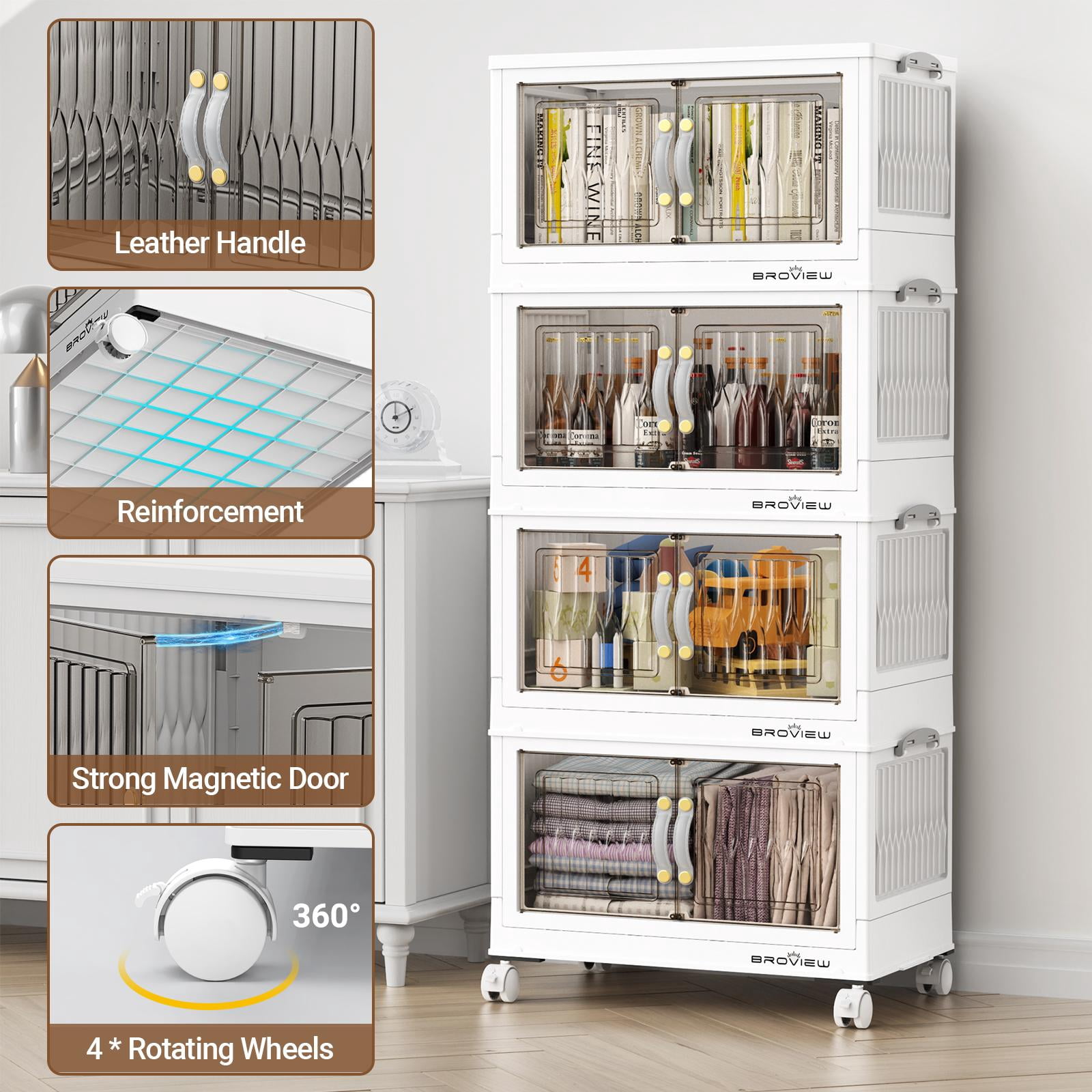 BROVIEW 120Qt Stackable Storage Bins with Lid, Plastic Closet Organizers and Storage Drawer, Collapsible Storage Box with Wheels, Folding Storage Cabinet for Closet Clothes Organization, 3Pack White
