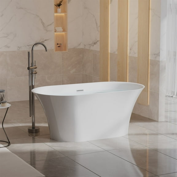 ANGELES HOME 59" Acrylic Freestanding Bathtub, Soaking White Bathtub with White Drain and Integrated Slotted Overflow Included, Glossy White