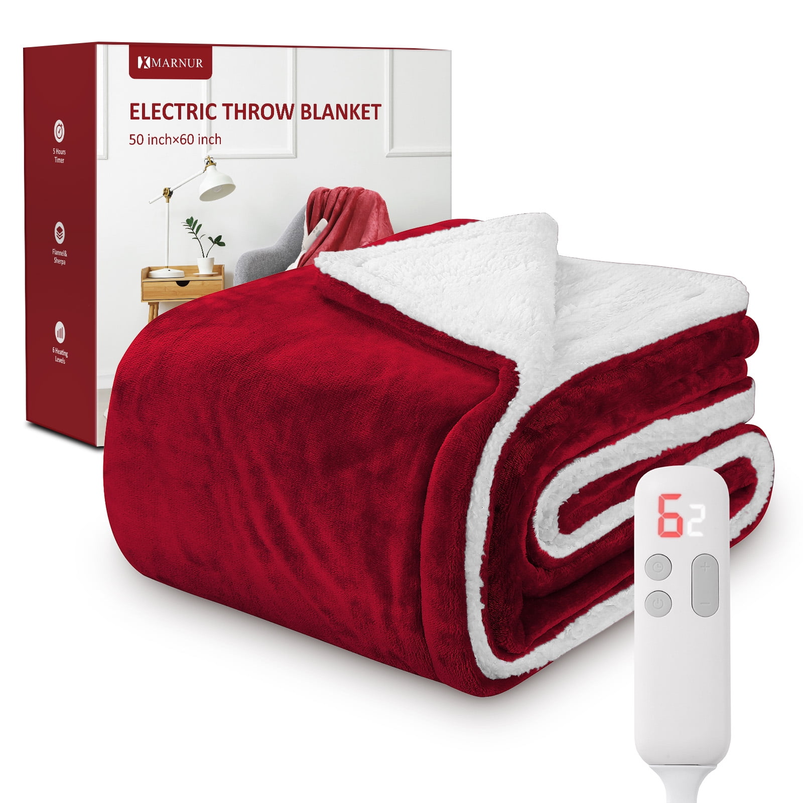MARNUR Electric Throw Blanket 50"x60" Flannel & Sherpa Heated Blanket with 6 Heating Levels, 5 Hours Timer - Red