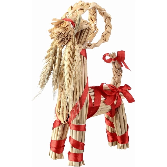 Swedish Straw-Woven Yule Goat 16.1" – Traditional Nordic Christmas Figurine with Red Ribbon Trim, Perfect for Rustic Farmhouse Décor, Holiday Centerpieces & Seasonal Displays