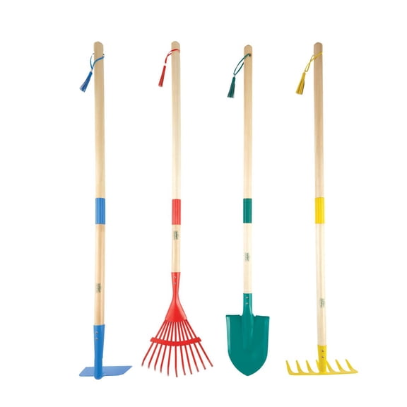 Expert Gardener 4-piece Kids Long Handle Gardening Tool Set, Hoe, Bow Rake, Leaf Rake, Shovel