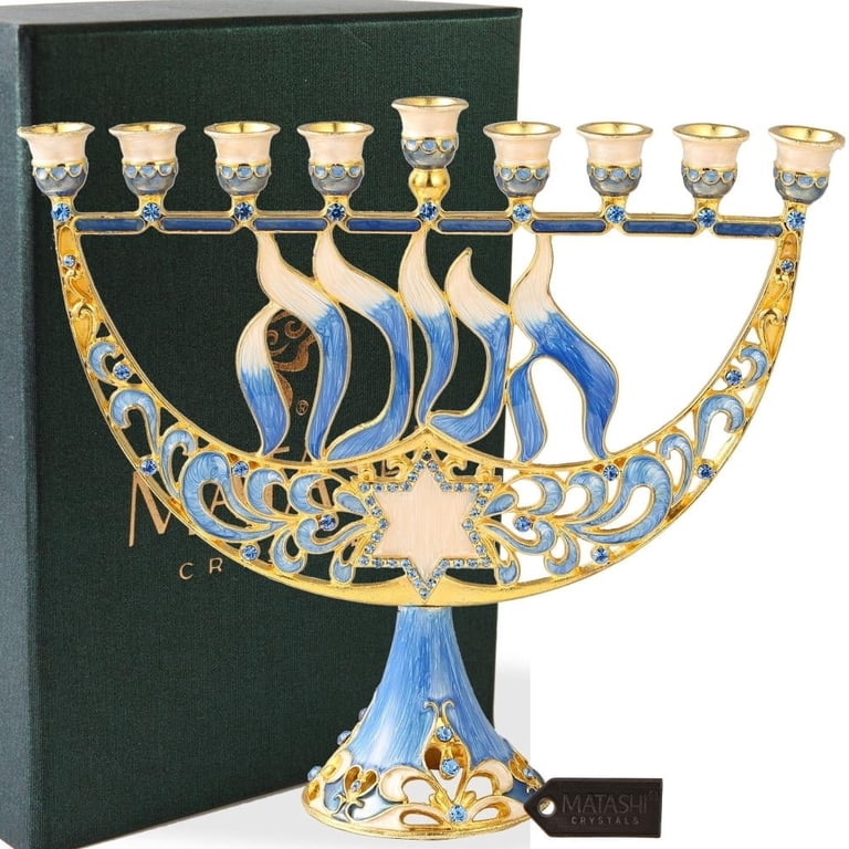 Hand-Painted Enamel Menorah with Gold Accents & Crystals photo 1